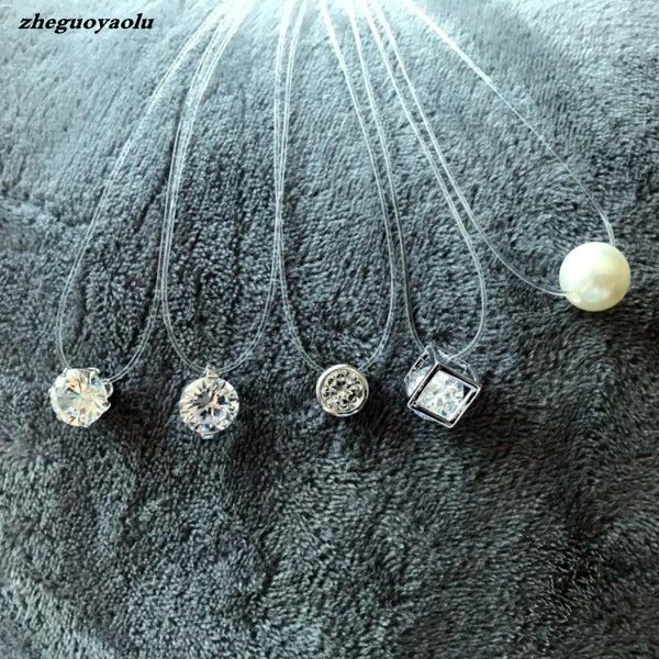 

5 colors dazzling zircon necklace invisible transparent fishing line simple pendant necklace jewelry for women pearl jewelry, Silver