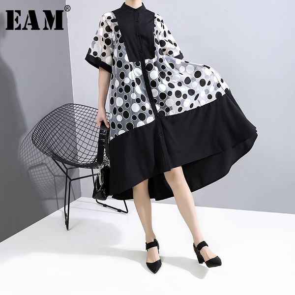 

eam] women dot printed mesh big size two piece dress new stand collar half sleeve loose fit fashion spring summer 2020 1t863, Black;gray