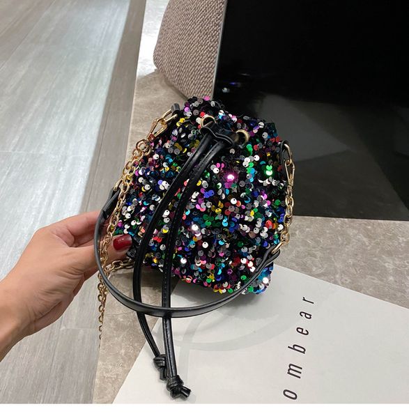 

women's evening bag 2020 women sequins bag girl drawstring bucket luxury shiny shoulder female chain bolsa women handbag