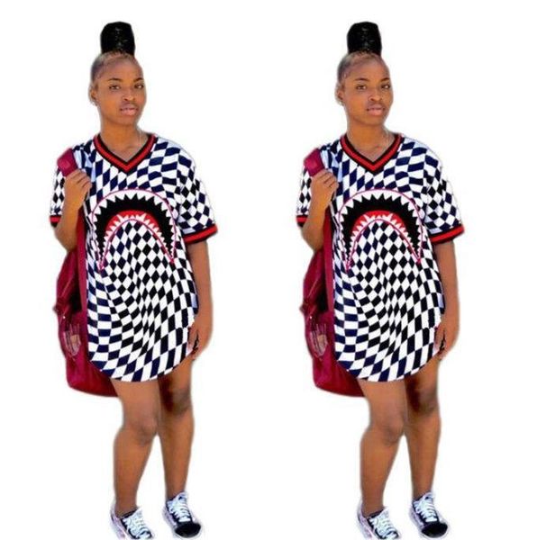 

print women dresses summer skinny v neck dresses short sleeve fashion female dress shark mouth plaid, Black;gray