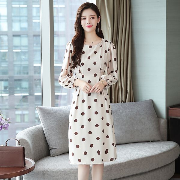 

2019 new vintage women dress polka dot slim chiffon long lazy wind in port dresses wave point 9782, Black;gray