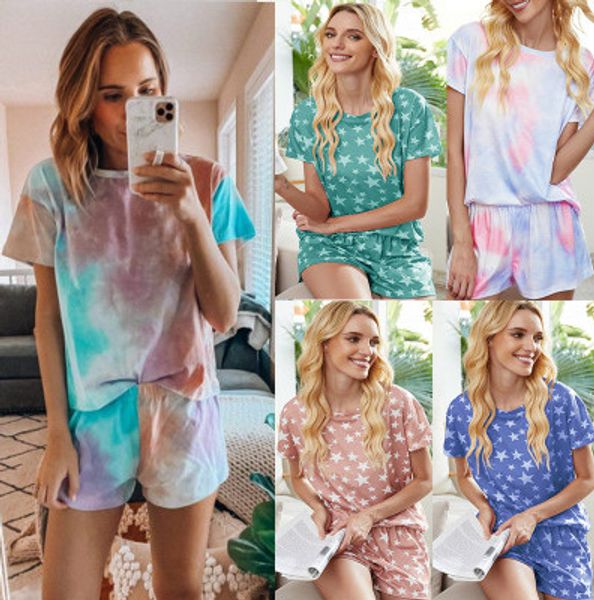 

womens fashion sleepwear casual nightwear trendy printing tie-dye gradient star pajamas short-sleeved home service suit summer new style, Black;red
