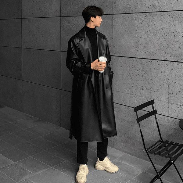 

vintage black pu leather long trench coats men winter high street korean long black pu leather jacket men double breasted