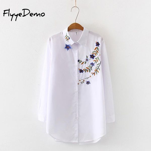 

2019 autumn embroidery new white shirt casual wear button up loose long sleeve cotton blouse embroidery blusas feminina sale