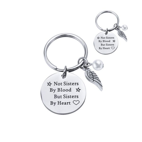 

sister stainless steel keychain wings heart round shape pendant engrave words not sisters by blood but sisters by heart key ring for women, Bronze;silver