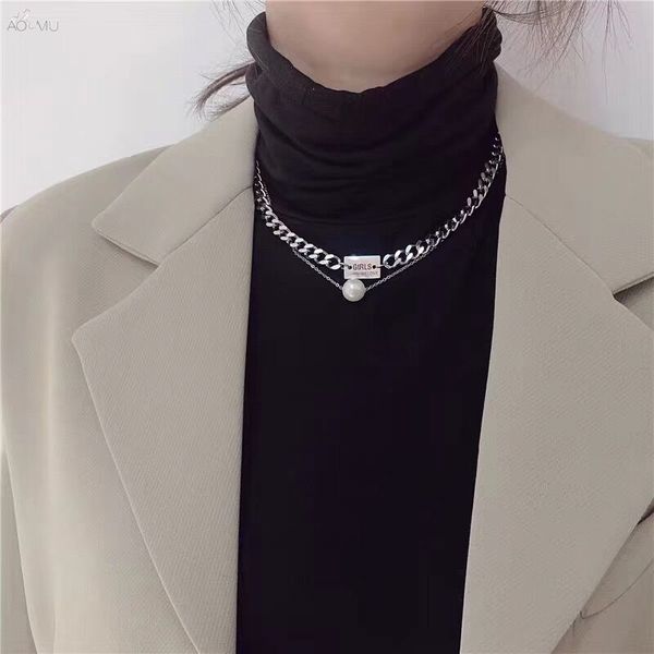 

aomu 2020 korea design double layer pearl pendant choker necklace punk simple necklace students trend for women men jewelry, Silver