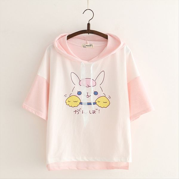 

mori girl cute cartoon refueling rabbit printed color matching cotton short-sleeved t-shirt hat hat female 33187, White