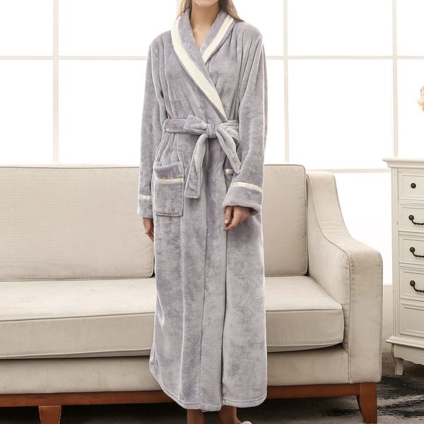 

women winter lengthened bathrobe splicing home clothes long sleeved robe coat female long-sleeve thick stitching dressing gown, Black;red