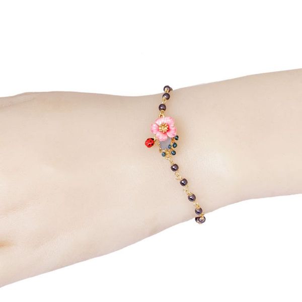 

elegant black simulated pearl women bracelet party vacation jewelry cute enamel rose flower chain bracelets with crystal sl026