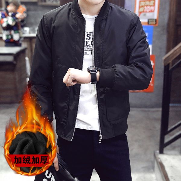

autumn & winter men baseball collar solid color brushed and thick slim fit coat large size casual trend jacket, Black
