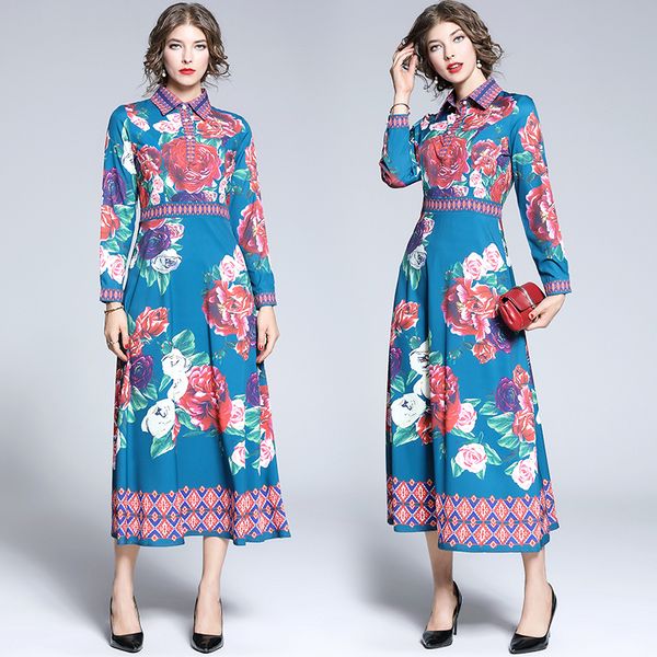 

new runway women's luxury beautiful floral printed dresses fall spring elegant office lady slim long sleeve party evening dresses, Black;gray