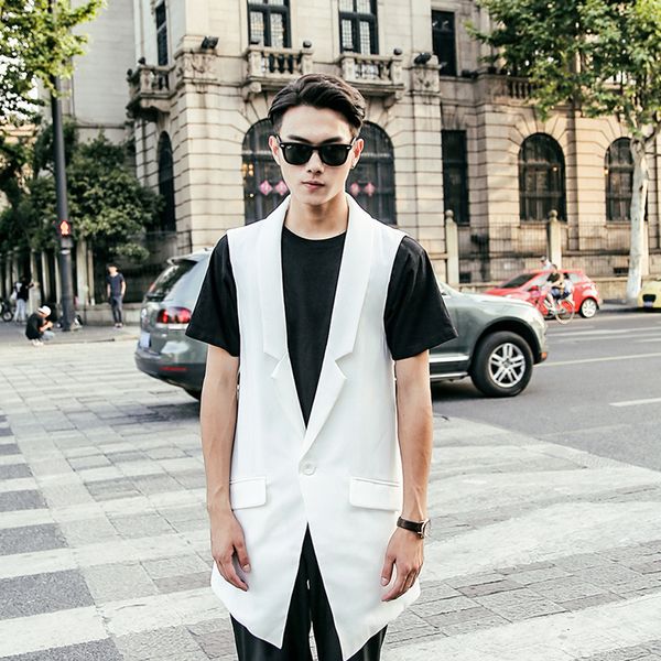 

men personality dj hip hop punk long vest colete masculino men's nightclub stage costume gothic style gilet slim fit chaleco, Black;white