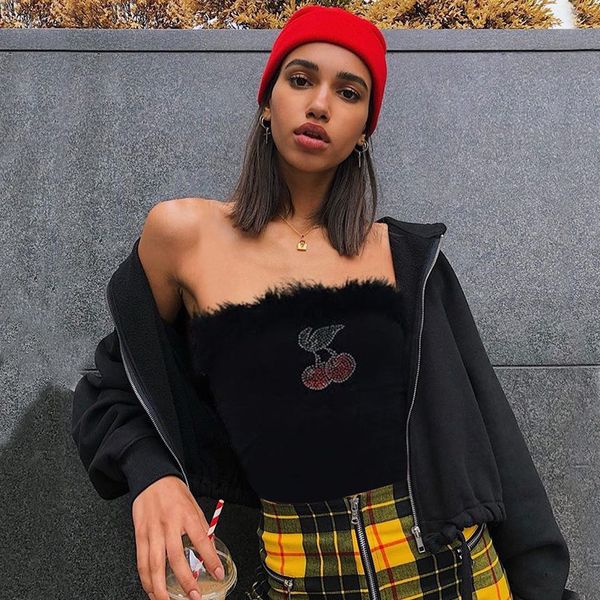 

танк топы sexy руно fur лоскутная без бретелек труба top 2019 лето женщины rhinestone вишневый топы шаблон crop топы женский streetwear wear, White