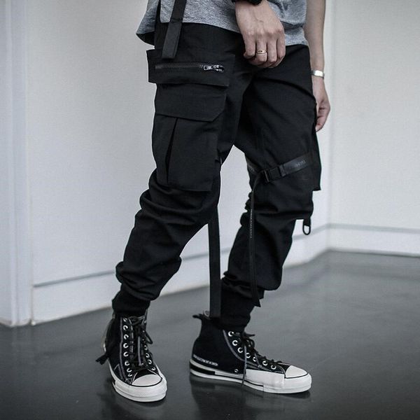 

multi-pocket hip hip streetwear men's camouflage joggers pants 2019 men cotton ribbon cargo pant trousers elastic waist new sa-8, Black