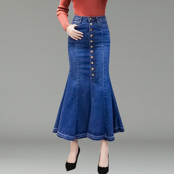 

summer 2019 denim skirt women mermaid trumpet long skirt mid-calf buttons empire high waist jeans no stretch b91691, Black
