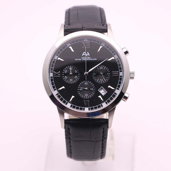 

new style aehibo chronograph quartz mens watch 43mm black dial leather band pin buckle all subdials work mens wristwatches, Slivery;brown