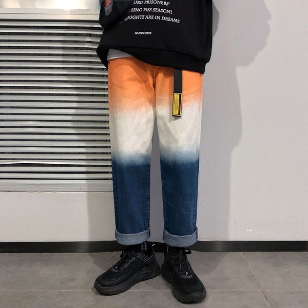 

gradient jeans men's fashion print loose hip hop jean pants men treetwear wild retro straight denim trousers mens -2xl, Blue