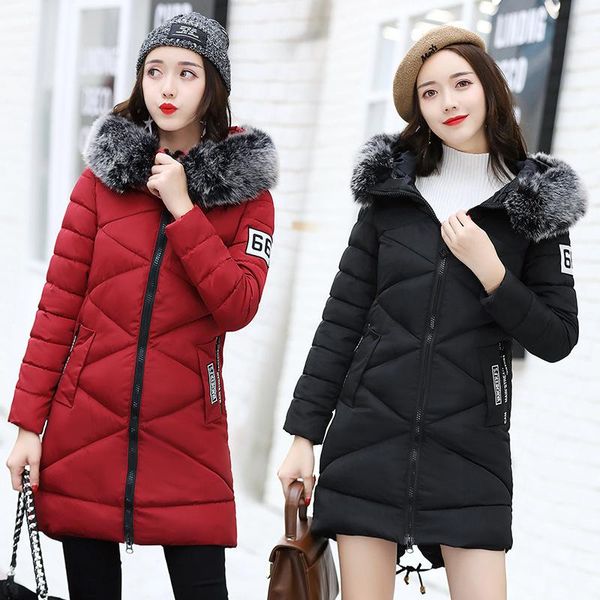 

brand women winter warm hooded coats fashion fur collar thicken cotton-padded down jackets female casual slim long overcoats, Black