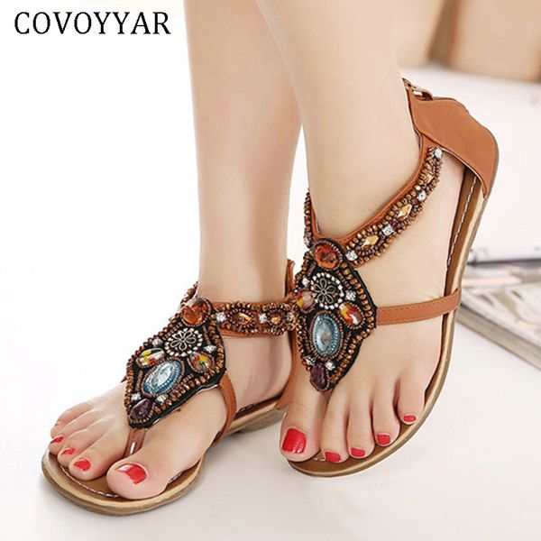 

covoyyar 2019 bohemia women sandals flat summer crystal beach woman shoes vintage boho gladiator sandals size 35-40 wss370, Black