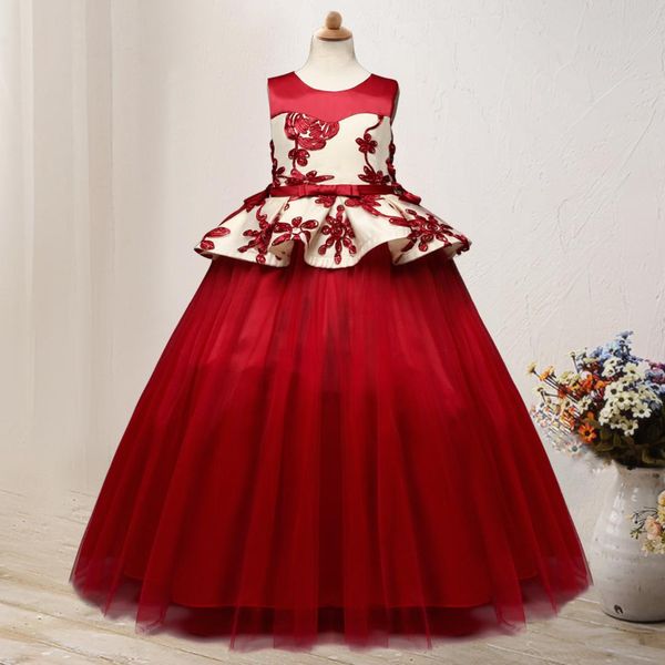 

europe and america kids dress girls princess dress mopping embroidery puffy princess, Red;yellow