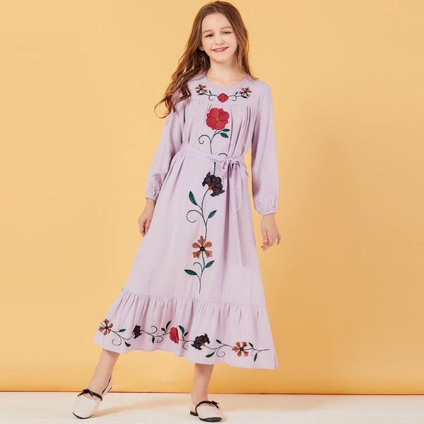 

2020 new embroidery long dress for girls 8 10 12 years sweet purple clothing teenage muslim girl dress, Red;yellow