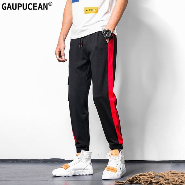 

men casual trousers 95% cotton 5% spandex hip hop elastic waist black side stripe male young harem man ankle banded pants