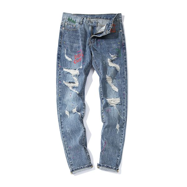 

fashion men ripped hole jeans streetwear blue stretch straight denim pants hh10