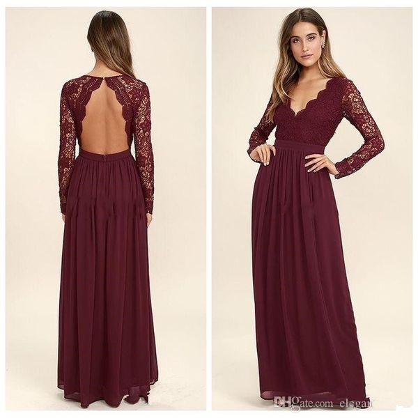 Nuovi abiti da damigella d'onore in chiffon con apertura sul retro rosso scuro maniche lunghe stile country con scollo a V backless lunga spiaggia in pizzo abiti da festa di nozze