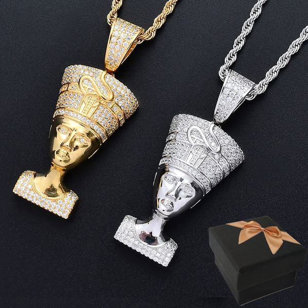 

new 18k gold & white gold full cubic zirconia blingbling egypt pharaoh pendant necklace hip hop iced out diamond miami rapper jewelry men, Silver