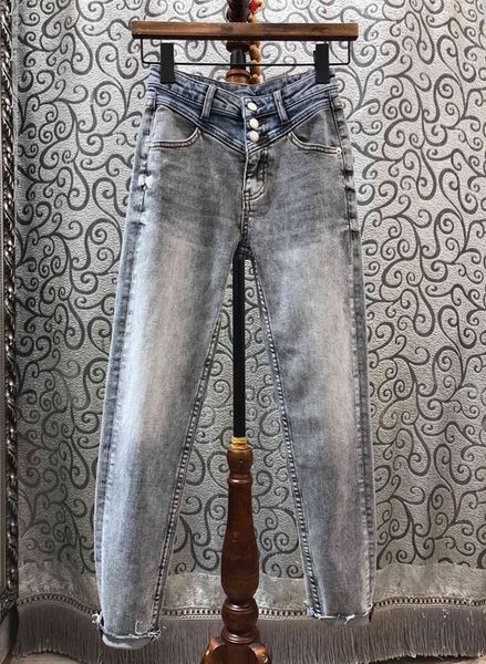 

autumn and winter 2019 new women's high waisted breasted decorative symmetrical pocket all over denim pants casual pants 1223, Blue