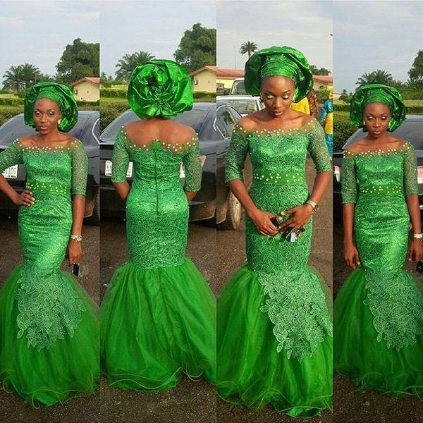 

New Green Aso Ebi Style Formal Evening Party Prom Dress Special Occasion Gowns Off Shoulder Illusion Half Long Sleeves Appliques Tulle