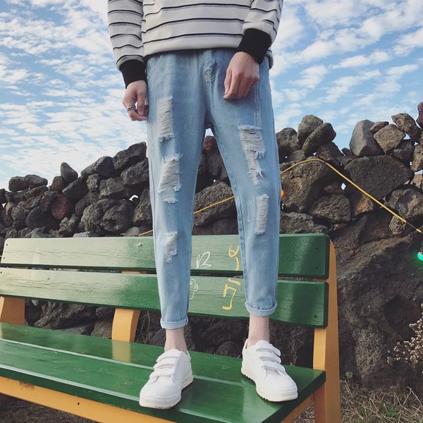 

summer new jeans men slim fashion washed solid color torn holes denim pants man streetwear hip hop cowboy trousers male clothes, Blue