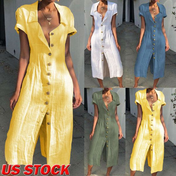 

women summer dress short sleeve v-neck solid cotton casual ladies lapel button party evening beach dresses maxi sundress, Black;gray