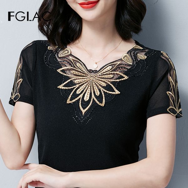 

fglac women's shirt fashion casual short sleeve summer elegant embroidered hollow out t-shirt plus size women mesh, White