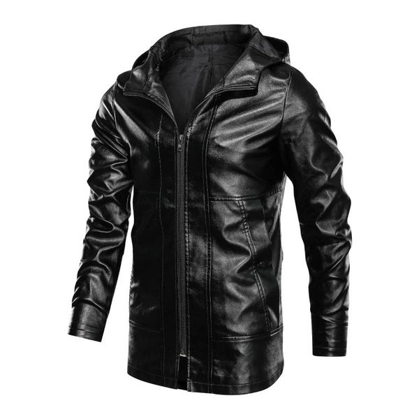 

kiovno men's pu leather long jackets coats solid color faux leather hooded jackets outwear for male spring autumn size m-4xl, Black