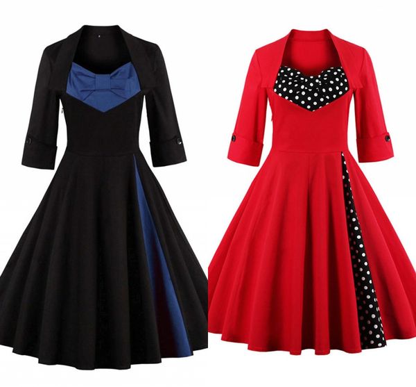 

черный плюс размер цветочные печати vintage платье женщины 2019 осень rockabilly лоскутная большой свинг a-line платья vestidos женский fs04, Black;gray