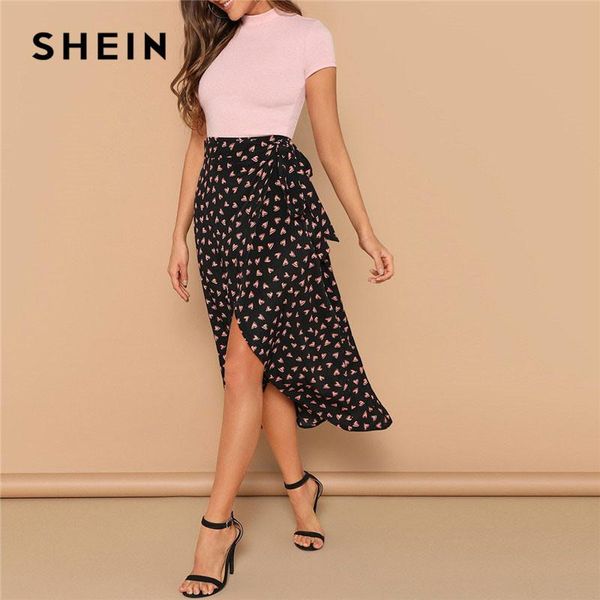 

hj waist belted knot asymmetrical hem heart print maxi skirt summer boho women casual beach vacation skirts, Black