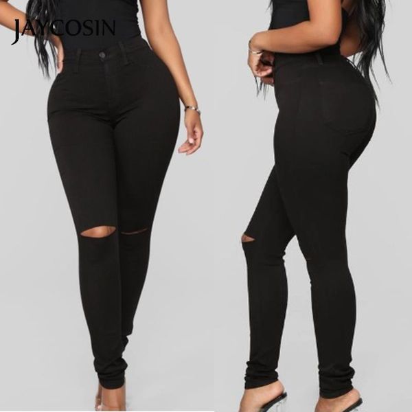 

jaycosin jeans for women button high hole ripped casual slim denim stretch trousers skinny pencil pant black female 2020 new, Blue