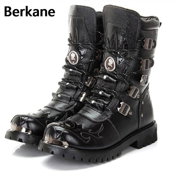 

army boots men boots 2018 leather winter black cowboy snow metal gothic punk male shoes motorcycle botas hombre