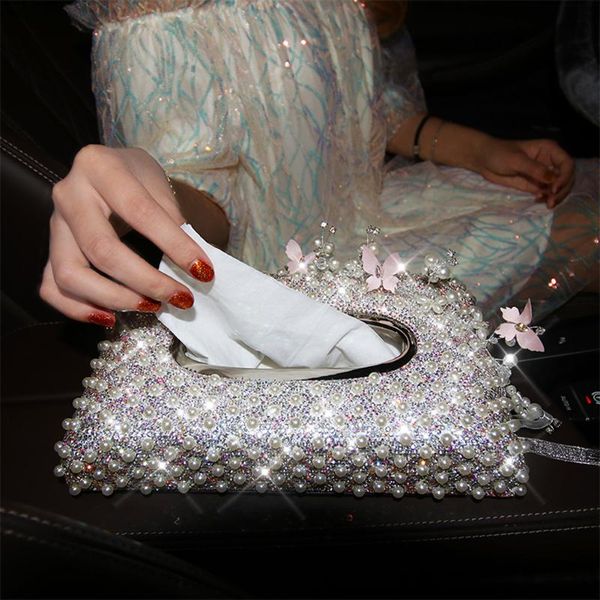

fashion lady pearl bling diamond rhinestone car tissue box cover case luxury car accessories accessories