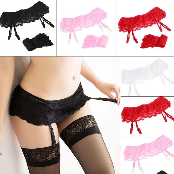 

1set women lace soft thigh-highs stockings + suspender garter belt fashion women stockings accessories, Black;white