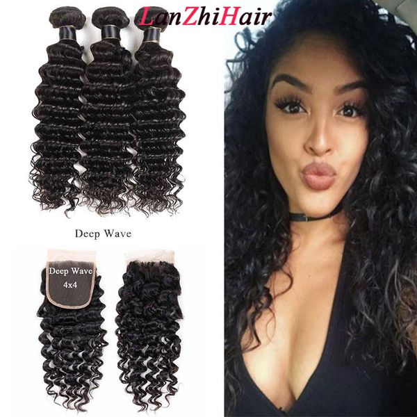 

3 пачка с закрытием глубокой волны бразильских волос плетения связка с кружевом закрытие малазийского straight remy человеческих волос 3 пач, Black;brown