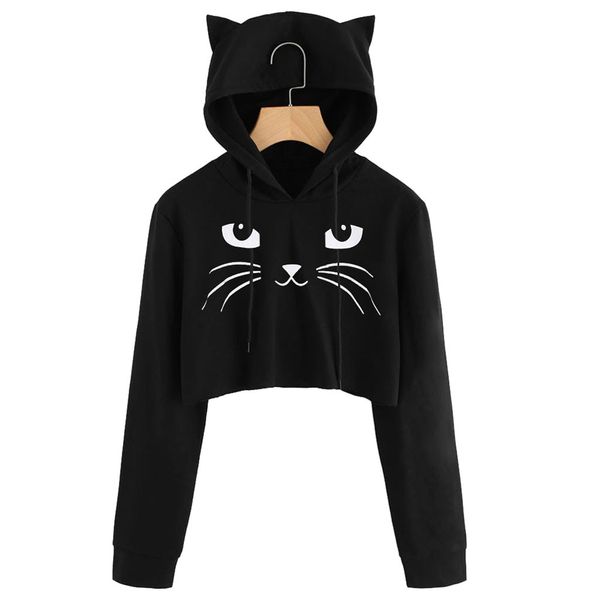 

feitong womens cat ear long sleeve cropped hoodie lovely causal hooded sweatshirt hooded pullover sudadera mujer 2018 new, Black