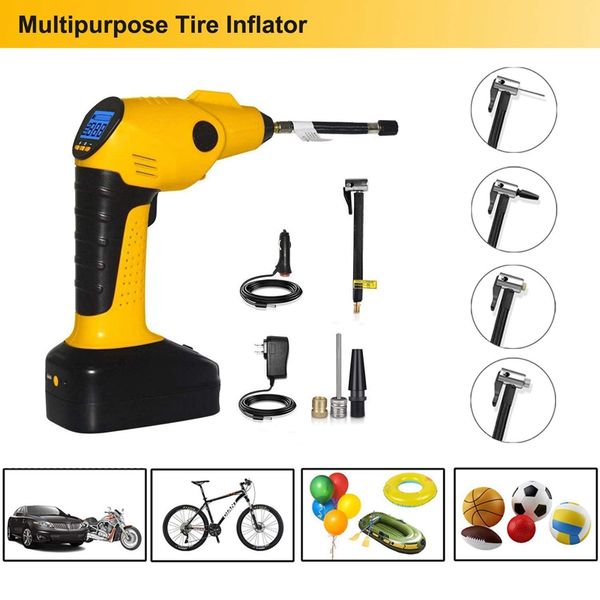 

portable air compressor cordless tire inflator with digital display, led lighting, tire pressure gauge 12v perfect for car bicyc