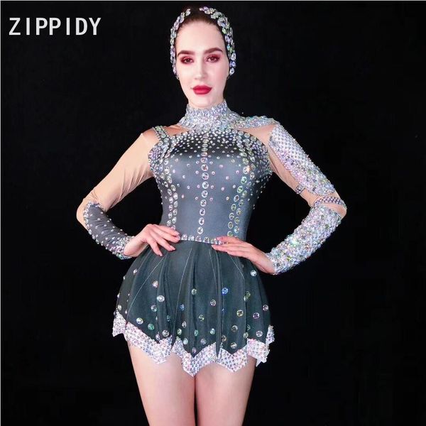 

multi-color rhinestones long sleeves black dress ds dance outfit birthday celebrate dress women singer stage, Black;red