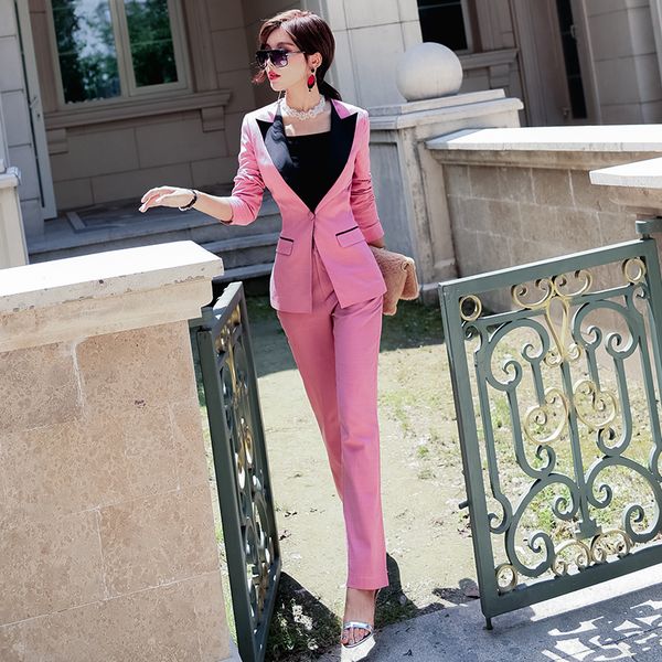 

womens suits set 2pieces temperament contrast business wear women's pants suit autumn new thin skinny suit jacket straight pants, White