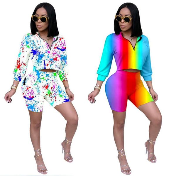

summer women tracksuit rainbow striped print t-shirt outfits short sleeve zipper t shirt crop + shorts 2 piece set fashion suit clothes, White