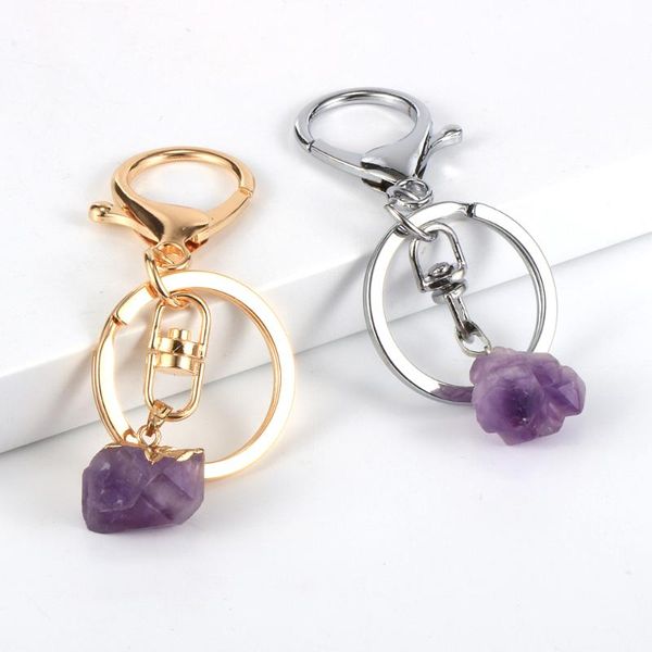 

women men natural stone irregular amethysts keyring alloy key chain gold silver color keychain jewelry