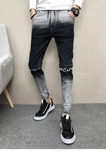 

jeans fashion gradient color skinny denim pants casual mens drawstring jeans designer mens pencil, Blue