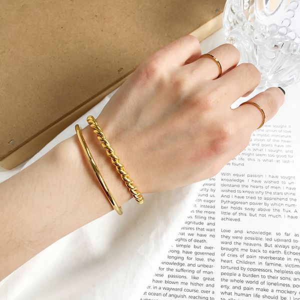 

ghidbk dainty gold twisted titanium steel open bangle bracelets handmade minimalist wrapped bracelet geometrical simple bangles, Black